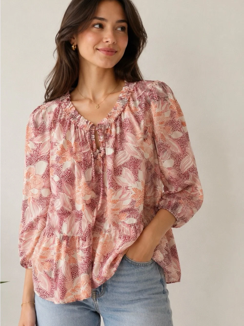 Banana Republic 100% Silk Flowy Floral Puff Quarter Sleeve Blouse Size M Boho